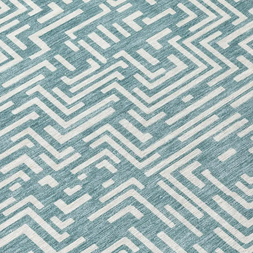 Teal Blue And Ivory Geometric Washable Indoor Outdoor Area Rug Photo 8