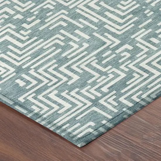Teal Blue And Ivory Geometric Washable Indoor Outdoor Area Rug Photo 7