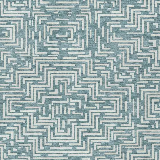Teal Blue And Ivory Geometric Washable Indoor Outdoor Area Rug Photo 3