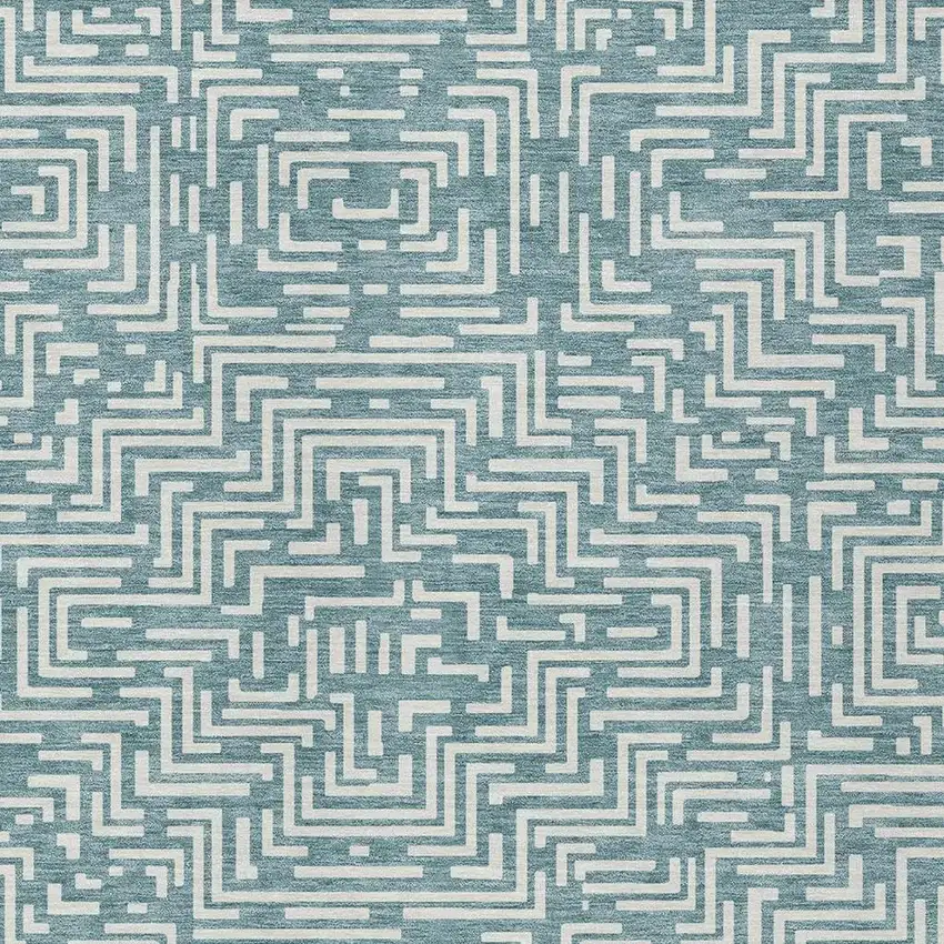 Teal Blue And Ivory Geometric Washable Indoor Outdoor Area Rug Photo 3