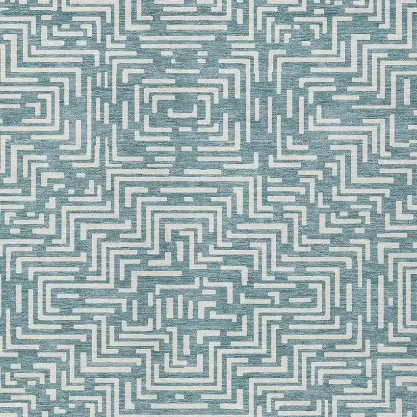 Teal Blue And Ivory Geometric Washable Indoor Outdoor Area Rug Photo 5