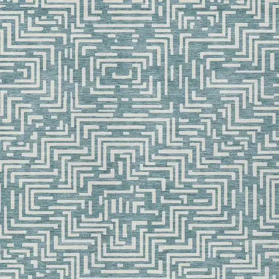 Teal Blue And Ivory Geometric Washable Indoor Outdoor Area Rug Photo 5