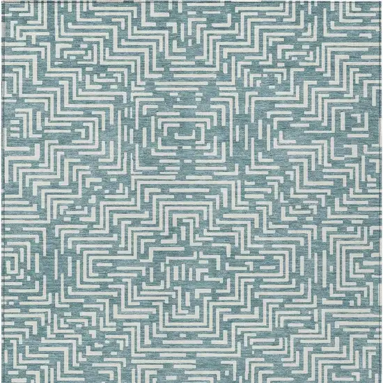 Teal Blue And Ivory Geometric Washable Indoor Outdoor Area Rug Photo 6