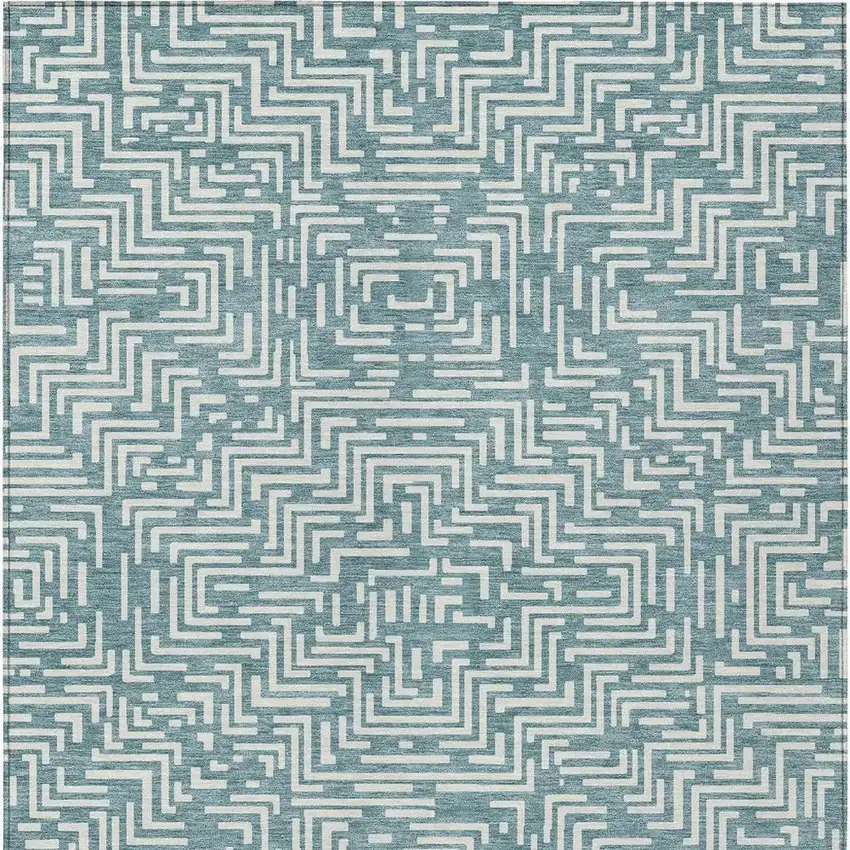 Teal Blue And Ivory Geometric Washable Indoor Outdoor Area Rug Photo 6
