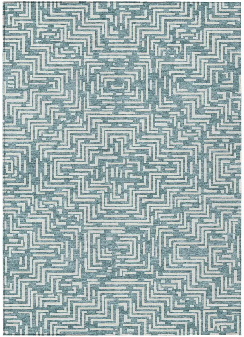 Teal Blue And Ivory Geometric Washable Indoor Outdoor Area Rug Photo 2