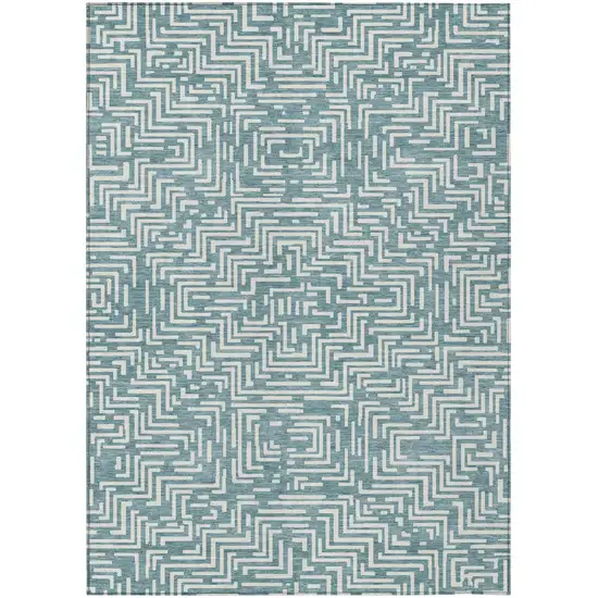 Teal Blue And Ivory Geometric Washable Indoor Outdoor Area Rug Photo 2