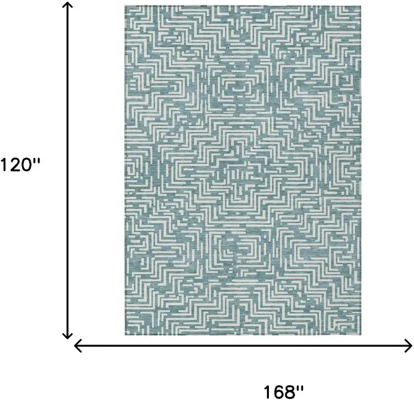 Teal Blue And Ivory Geometric Washable Indoor Outdoor Area Rug Photo 9
