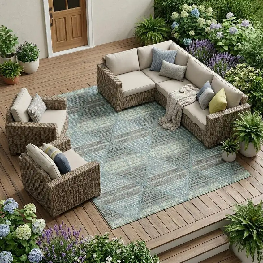 Teal Blue And Ivory Geometric Washable Indoor Outdoor Area Rug Photo 1