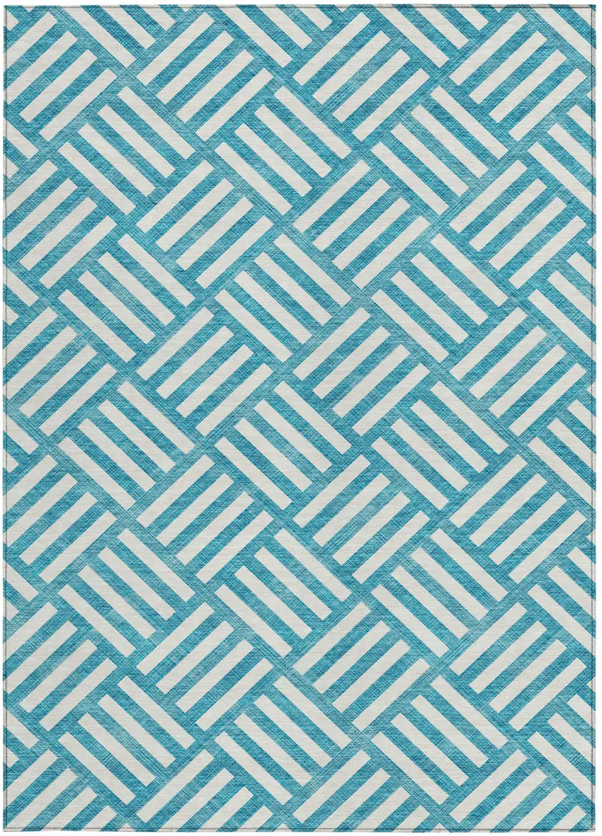 Teal Blue And Ivory Geometric Washable Indoor Outdoor Area Rug Photo 7