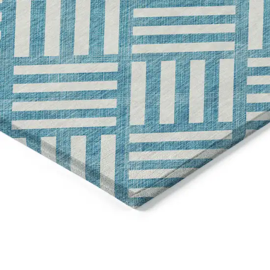 Teal Blue And Ivory Geometric Washable Indoor Outdoor Area Rug Photo 5