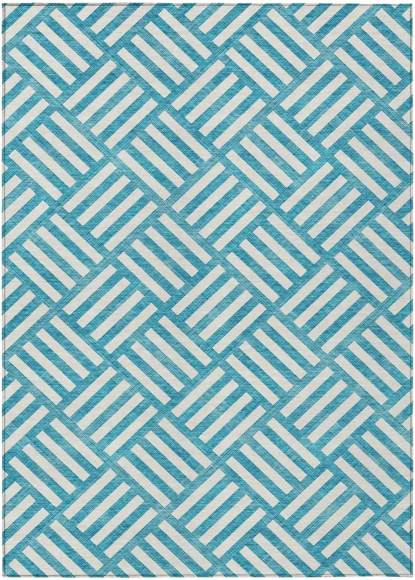 Teal Blue And Ivory Geometric Washable Indoor Outdoor Area Rug Photo 2