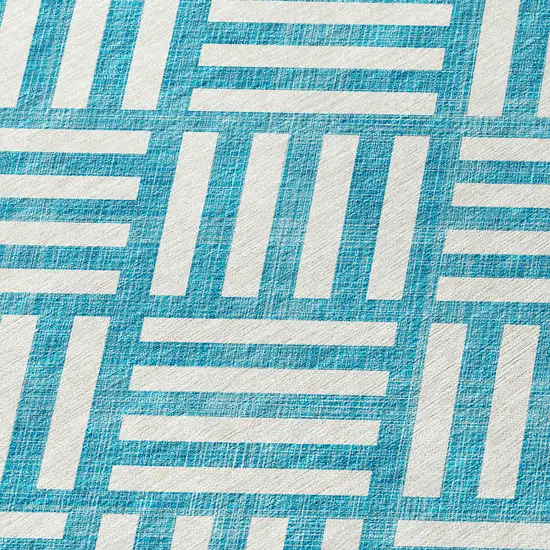 Teal Blue And Ivory Geometric Washable Indoor Outdoor Area Rug Photo 5