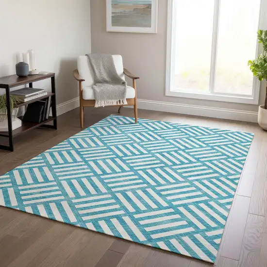 Teal Blue And Ivory Geometric Washable Indoor Outdoor Area Rug Photo 8