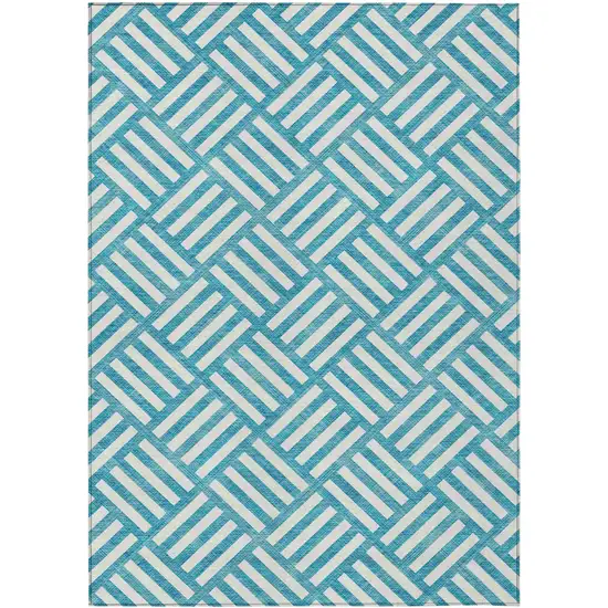 Teal Blue And Ivory Geometric Washable Indoor Outdoor Area Rug Photo 2