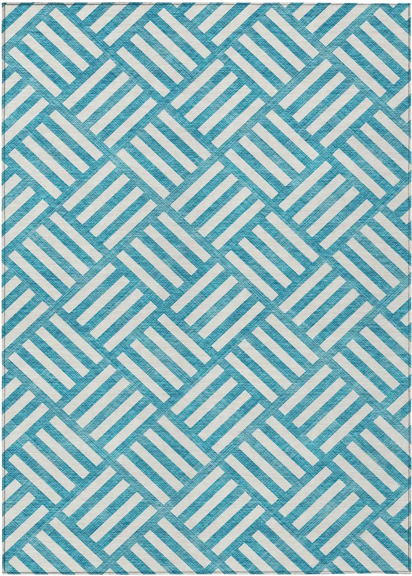Teal Blue And Ivory Geometric Washable Indoor Outdoor Area Rug Photo 2