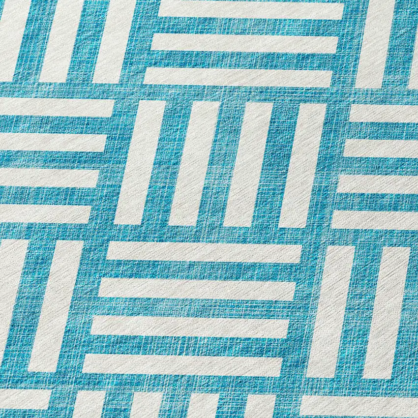 Teal Blue And Ivory Geometric Washable Indoor Outdoor Area Rug Photo 6
