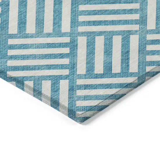 Teal Blue And Ivory Geometric Washable Indoor Outdoor Area Rug Photo 5