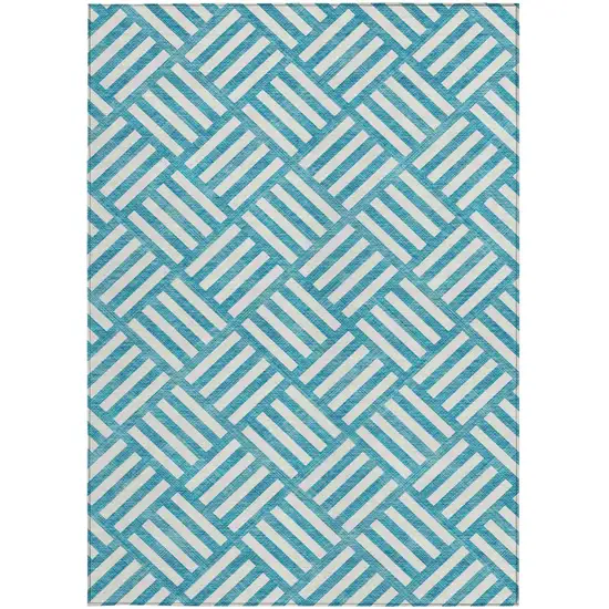 Teal Blue And Ivory Geometric Washable Indoor Outdoor Area Rug Photo 6