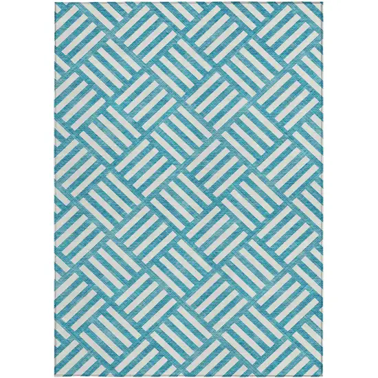 Teal Blue And Ivory Geometric Washable Indoor Outdoor Area Rug Photo 6