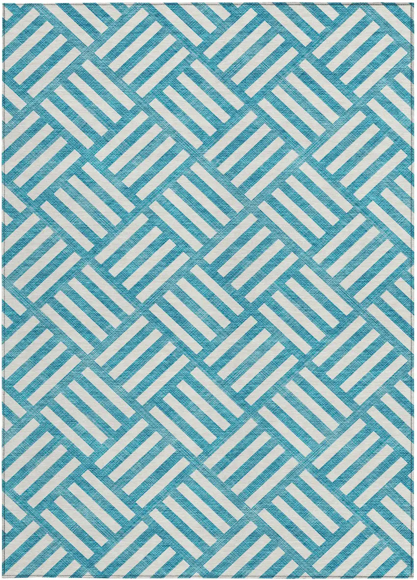 Teal Blue And Ivory Geometric Washable Indoor Outdoor Area Rug Photo 6