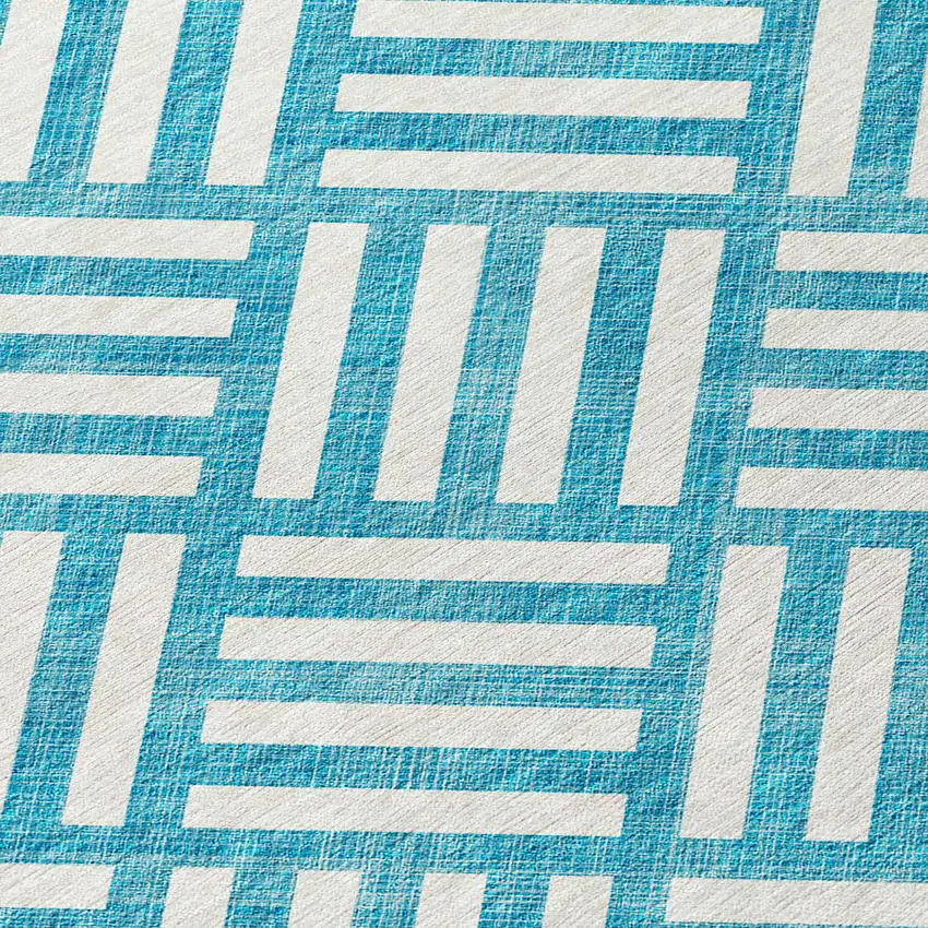 Teal Blue And Ivory Geometric Washable Indoor Outdoor Area Rug Photo 5