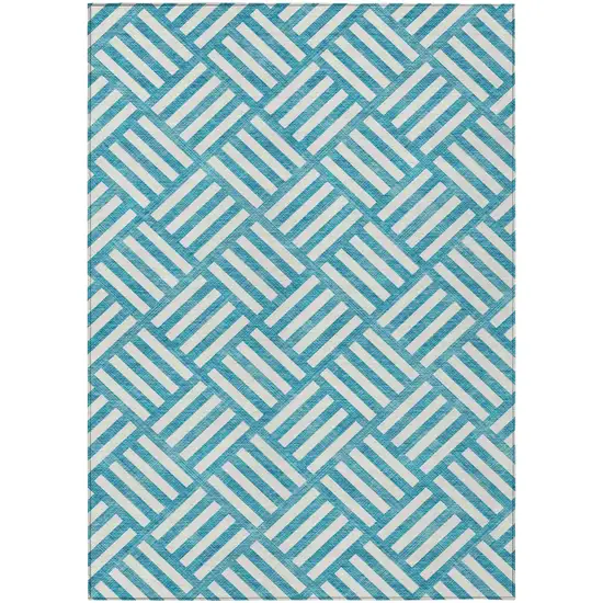 Teal Blue And Ivory Geometric Washable Indoor Outdoor Area Rug Photo 2