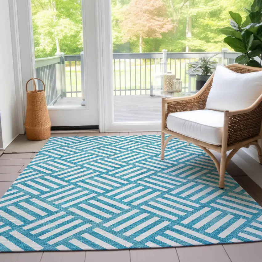 Teal Blue And Ivory Geometric Washable Indoor Outdoor Area Rug Photo 9