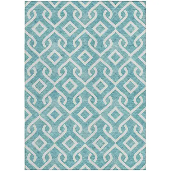 Teal Blue And Ivory Geometric Washable Indoor Outdoor Area Rug Photo 6