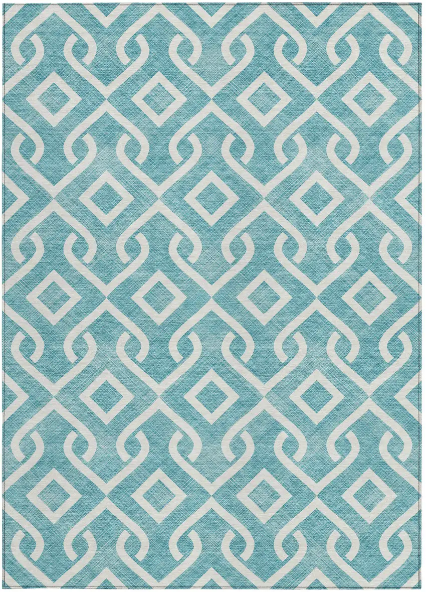 Teal Blue And Ivory Geometric Washable Indoor Outdoor Area Rug Photo 6
