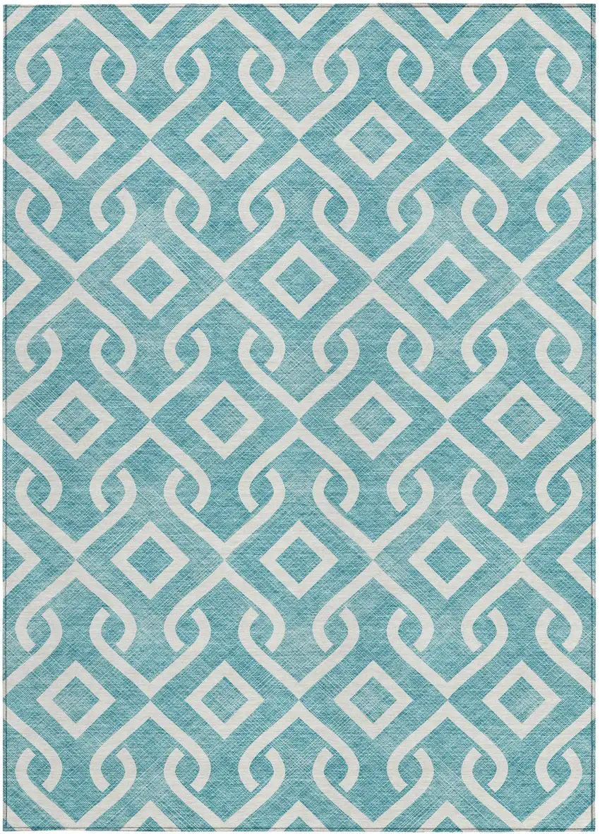 Teal Blue And Ivory Geometric Washable Indoor Outdoor Area Rug Photo 6
