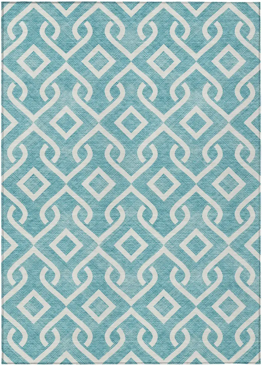 Teal Blue And Ivory Geometric Washable Indoor Outdoor Area Rug Photo 2