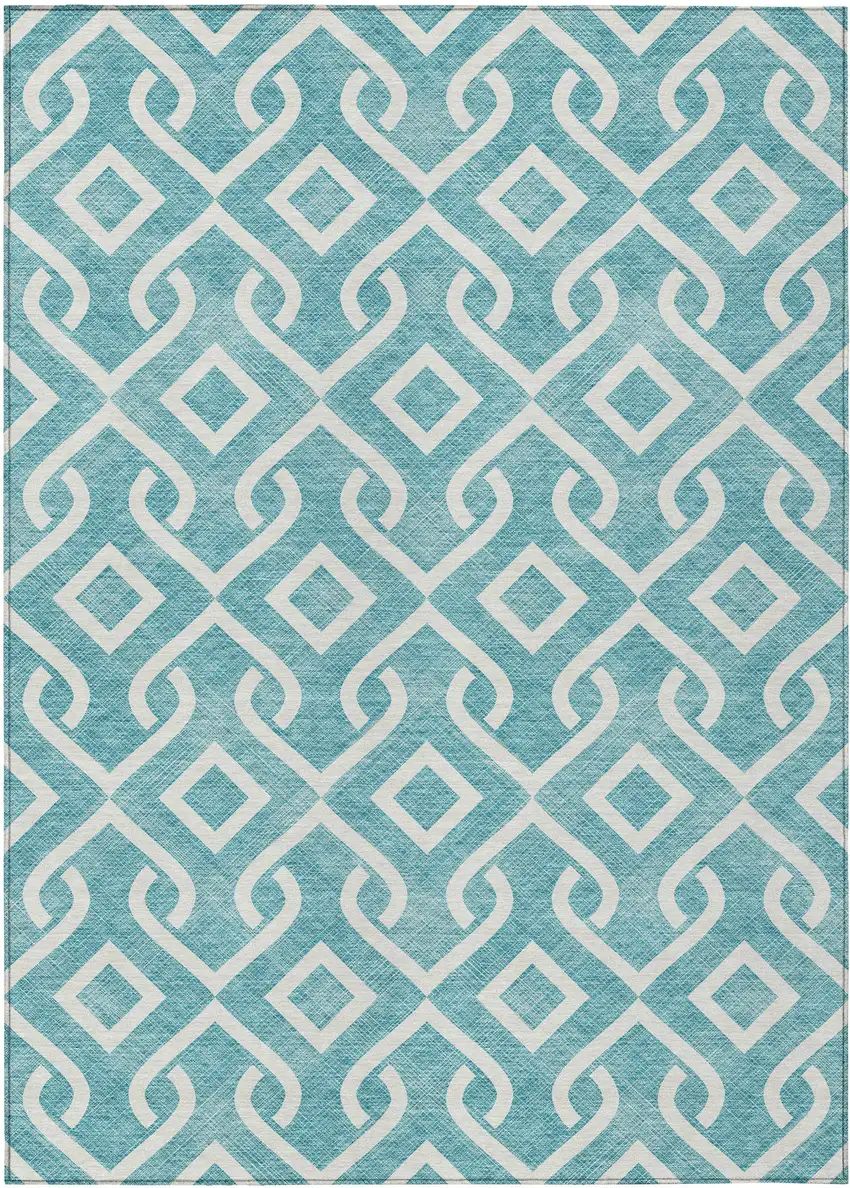 Teal Blue And Ivory Geometric Washable Indoor Outdoor Area Rug Photo 2