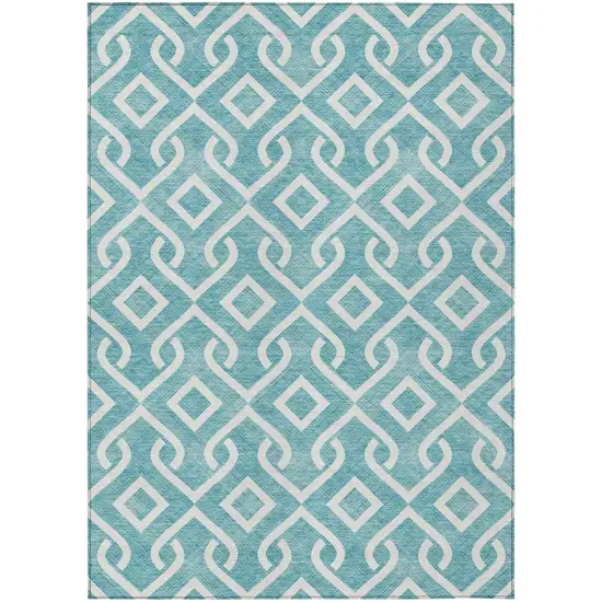Teal Blue And Ivory Geometric Washable Indoor Outdoor Area Rug Photo 2