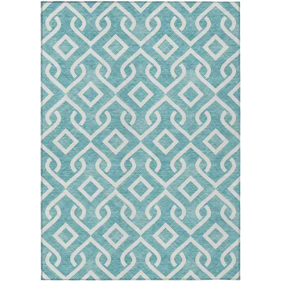 Teal Blue And Ivory Geometric Washable Indoor Outdoor Area Rug Photo 2