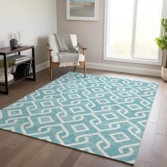 Teal Blue And Ivory Geometric Washable Indoor Outdoor Area Rug Photo 8
