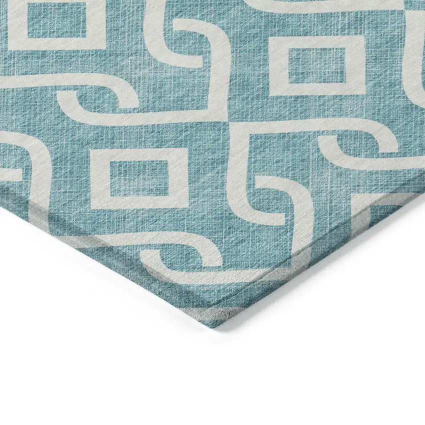 Teal Blue And Ivory Geometric Washable Indoor Outdoor Area Rug Photo 5