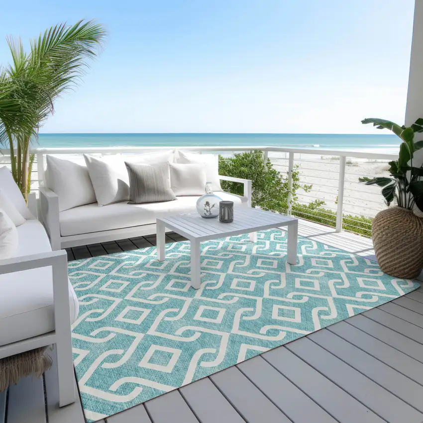 Teal Blue And Ivory Geometric Washable Indoor Outdoor Area Rug Photo 9