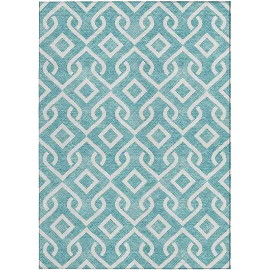 Teal Blue And Ivory Geometric Washable Indoor Outdoor Area Rug Photo 6