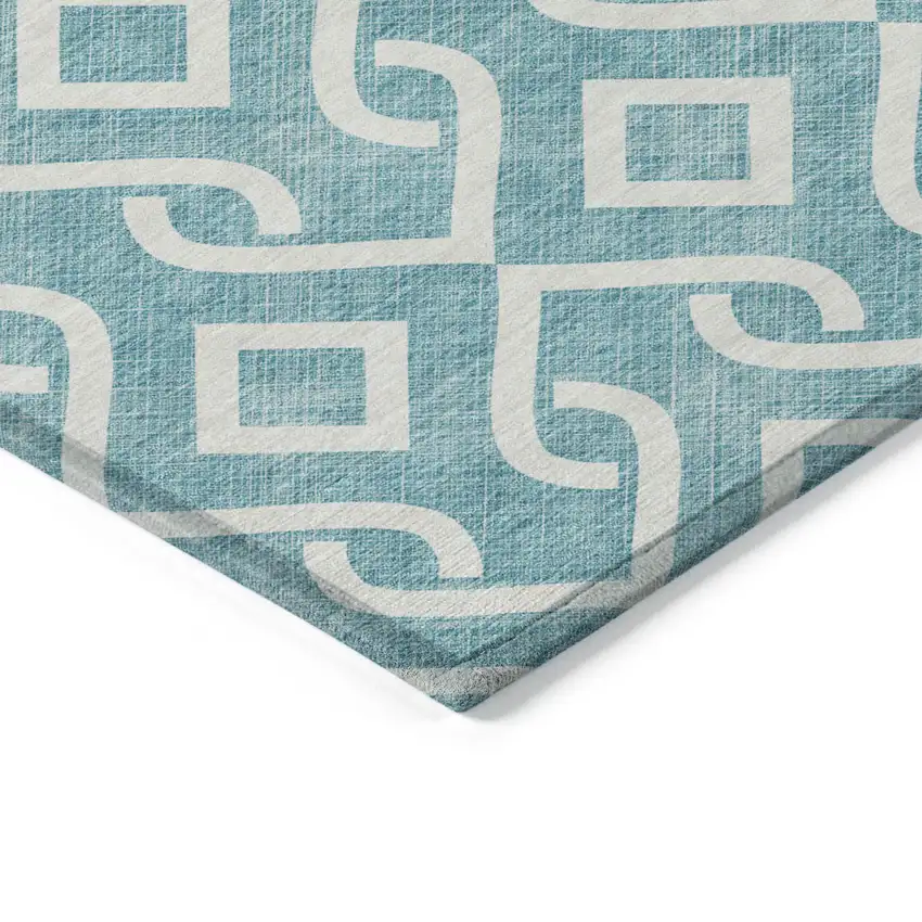 Teal Blue And Ivory Geometric Washable Indoor Outdoor Area Rug Photo 5