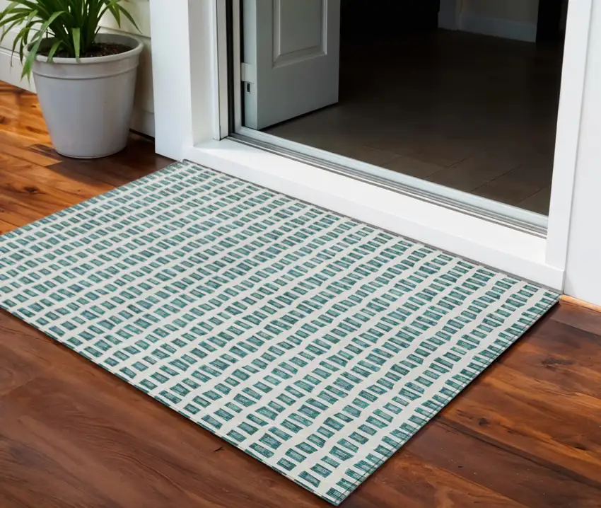 Teal Blue And Ivory Geometric Washable Indoor Outdoor Area Rug Photo 1