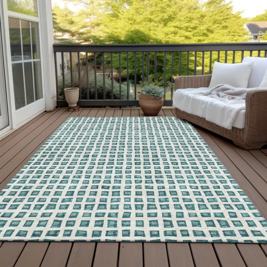 Teal Blue And Ivory Geometric Washable Indoor Outdoor Area Rug Photo 7