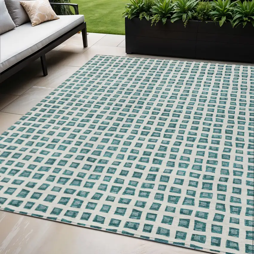 Teal Blue And Ivory Geometric Washable Indoor Outdoor Area Rug Photo 1