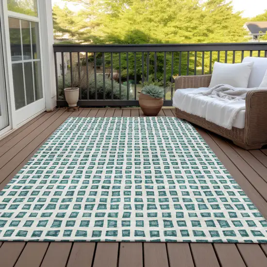 Teal Blue And Ivory Geometric Washable Indoor Outdoor Area Rug Photo 7