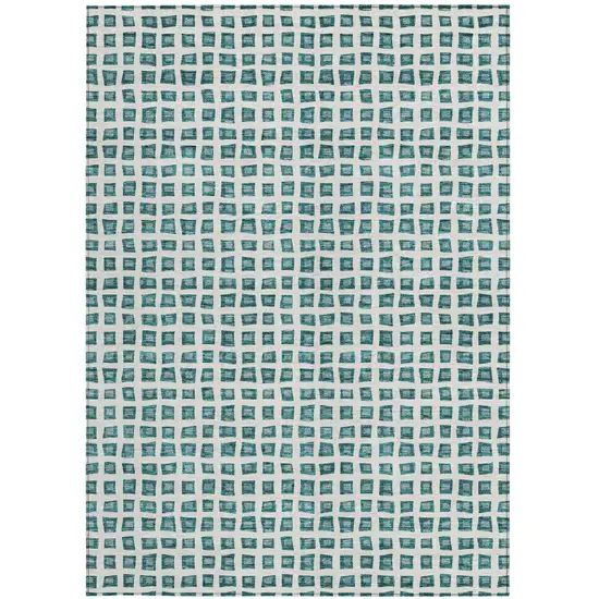 Teal Blue And Ivory Geometric Washable Indoor Outdoor Area Rug Photo 6