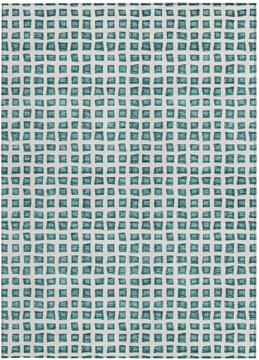 Teal Blue And Ivory Geometric Washable Indoor Outdoor Area Rug Photo 6