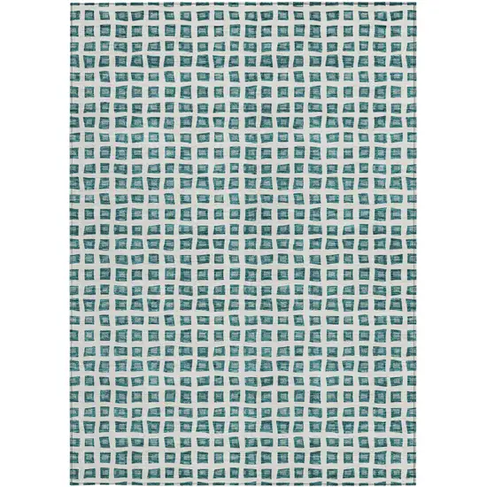 Teal Blue And Ivory Geometric Washable Indoor Outdoor Area Rug Photo 6