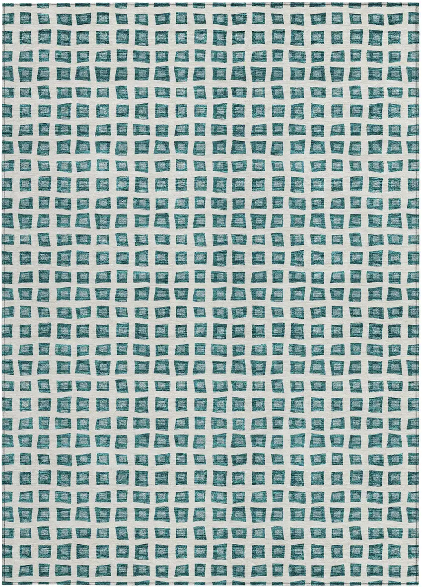 Teal Blue And Ivory Geometric Washable Indoor Outdoor Area Rug Photo 6