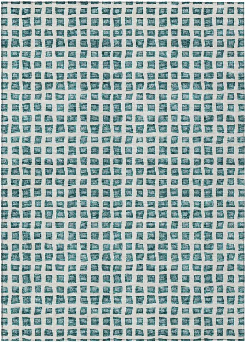 Teal Blue And Ivory Geometric Washable Indoor Outdoor Area Rug Photo 2