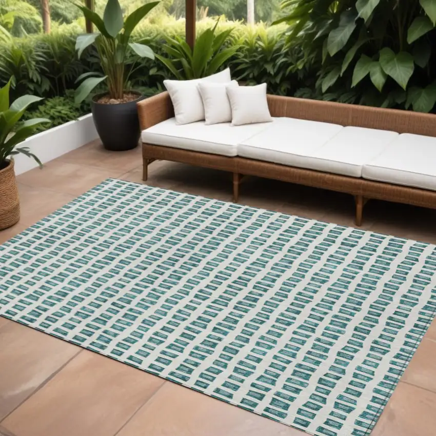 Teal Blue And Ivory Geometric Washable Indoor Outdoor Area Rug Photo 1