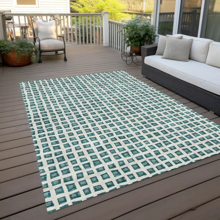 Teal Blue And Ivory Geometric Washable Indoor Outdoor Area Rug Photo 9